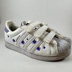 Adidas Superstar Kids Shoes White Purple Floral Hook Loop Sneakers Shell Toe‎